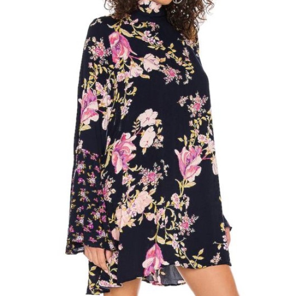 Tate Floral Print Mock Neck Bell Sleeve Flowy Mini Tunic Dress